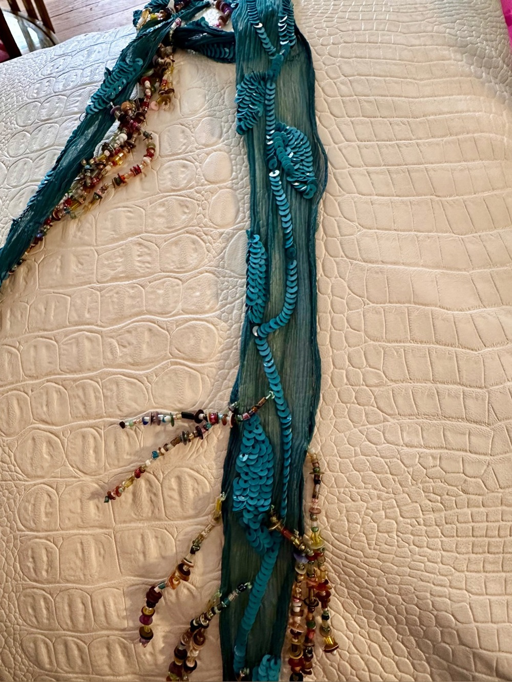 Vintage Chan Luu Silk Chiffon Skinny Scarf with Multifaceted Beads and Sequins - Picture 4 of 5